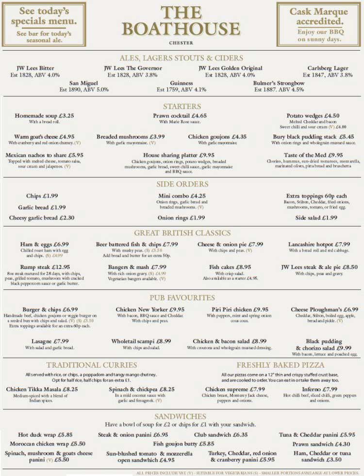 The Boat House Inn Chester Menu Page One